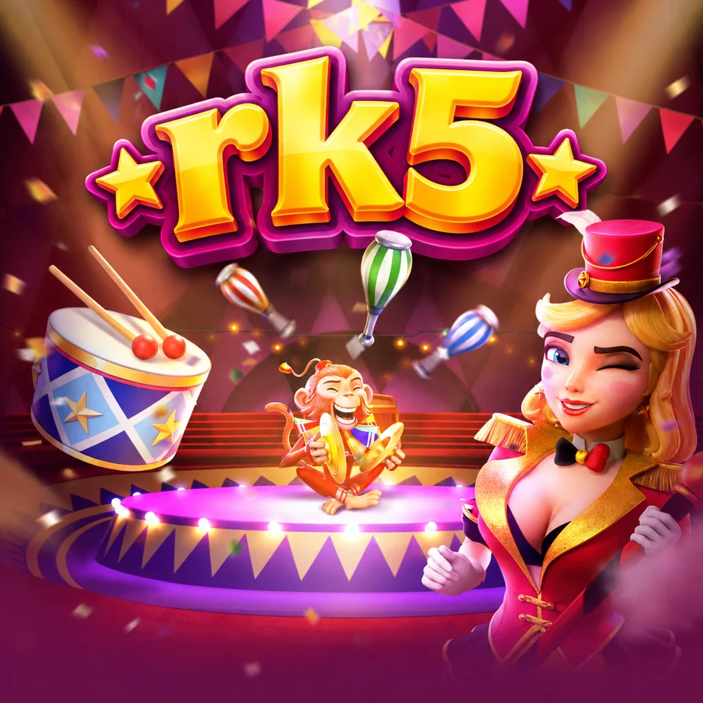 Logo rk5 dengan tema Circus Delight menampilkan master sirkus wanita dan monyet akrobat di panggung