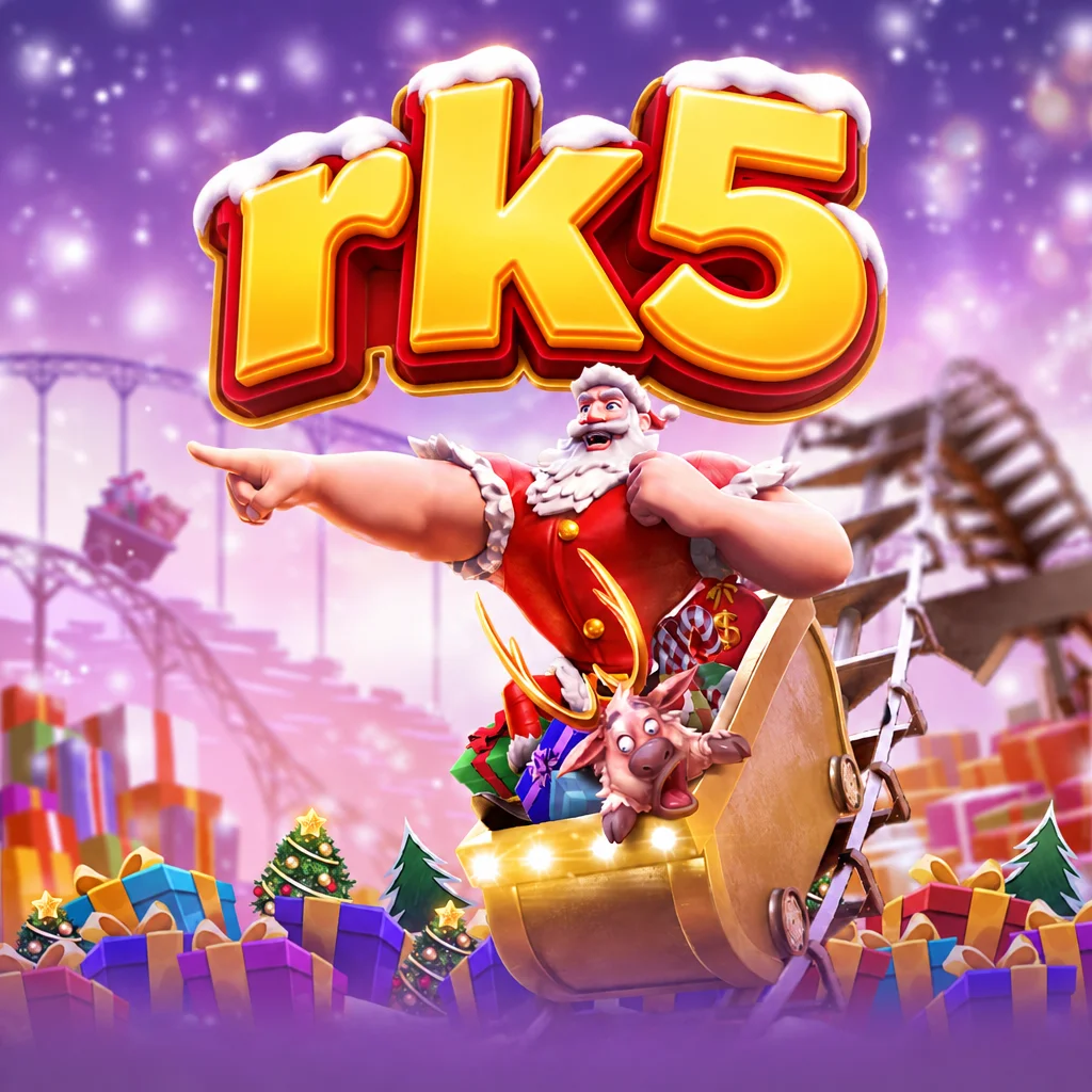 Ilustrasi rk5 untuk Santas Gift Rush dengan suasana musim dingin dan hadiah Natal